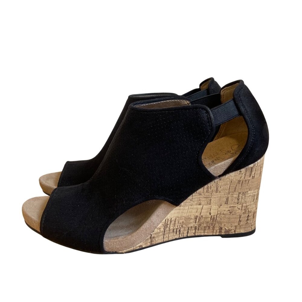 Life Stride Black Faux Suede Peep-Toe Cork Wedge Sandals HINX style Classic